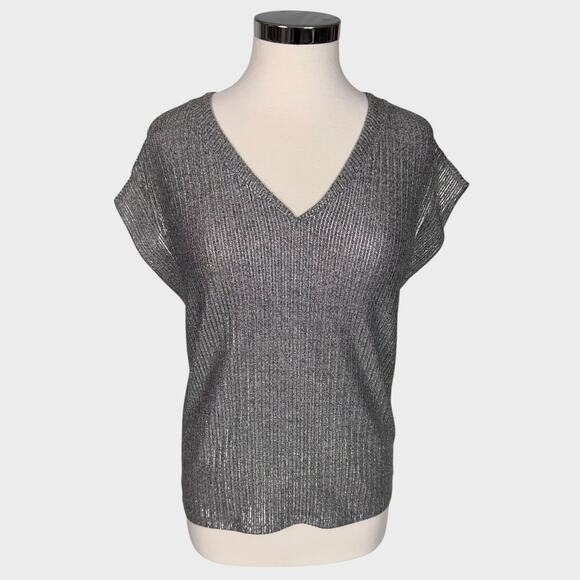 WHBM White House Black Market Silver V Neck XS Cap Sleeve Top - Picture 2 of 9